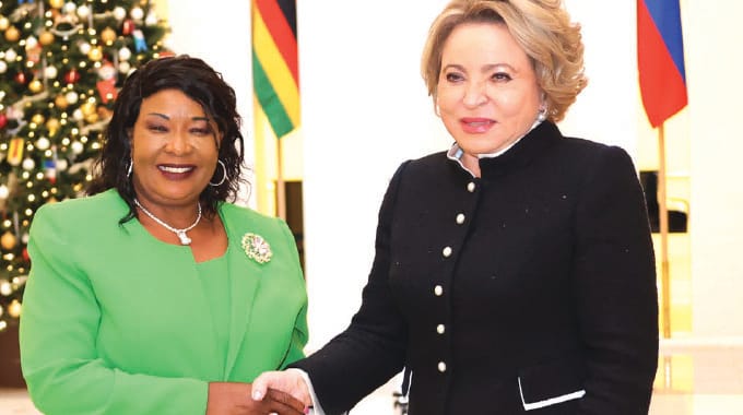 First Lady Dr Auxillia Mnangagwa is welcomed by the Speaker of the Russian Federation Council of the Federal Assembly Madame Valentina Matvienko in Moscow, Russia yesterday