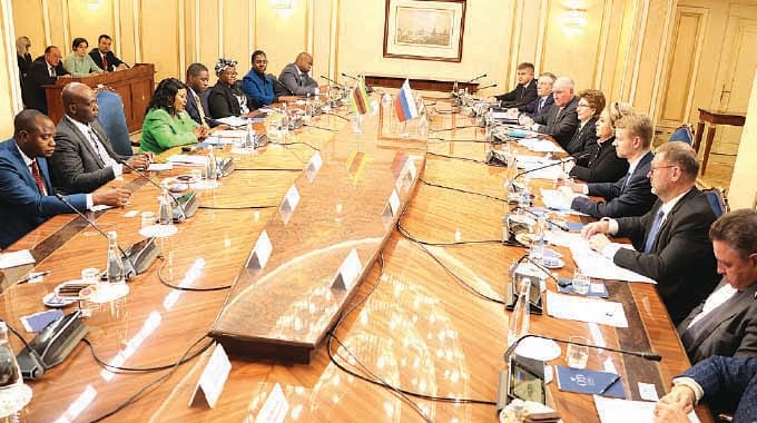 First Lady Dr Auxillia Mnangagwa and her delegation during their meeting with the Speaker of the Russian Federation Council of the Federal Assembly Madame Valentina Matvienko and her delegation in Moscow, Russia yesterday