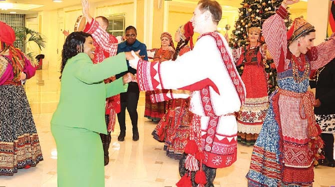 First Lady Dr Auxillia Mnangagwa joins Russian traditional performers and dancers on the dance floor after her meeting with Speaker of the Russian Federation Council of the Federal Assembly Madame Valentina Matvienko in Moscow, Russia yesterday