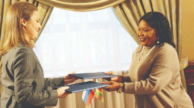 Angel of Hope Foundation patron First Lady Dr Auxillia Mnangagwa exchanges a signed Memorandum of Understanding with TV BRICS chief executive Janna Andereevna Tolstikova in Moscow, Russia last week. - Picture: John Manzongo