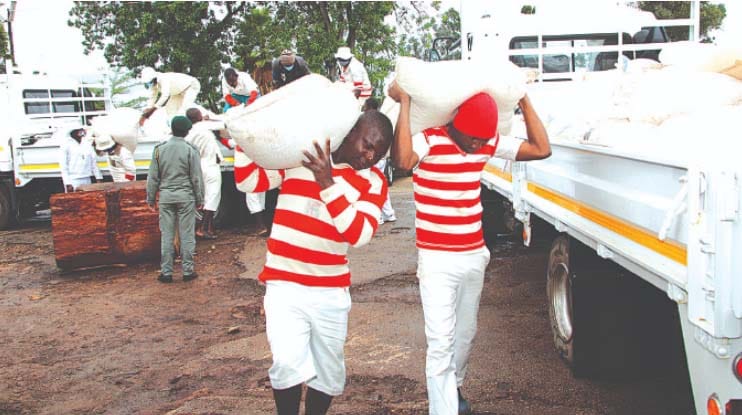 Inmates offload maize meal donated by First Lady Auxillia Mnangagwa to Zimbabwe Prisons and Correctional Services. - Pictures: John Manzongo