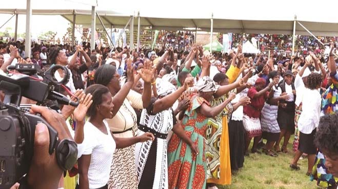 Widows in Mashonaland West welcome First Lady Dr Auxillia Mnangagwa, who brought various goods, inputs, goats and other resources for them to start income-generating projects under the First Lady’s Widows Association in the province yesterday