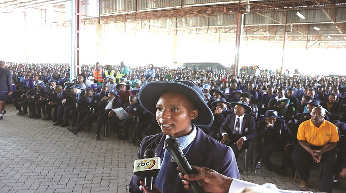 A schoolgirl expresses her opinions on the effects of engaging in premarital sex and drug abuse among learners during an interactive session with First Lady Dr Auxillia Mnangagwa at the national Clean Schools Competition awards ceremony in Masvingo. — Pictures: John Manzongo