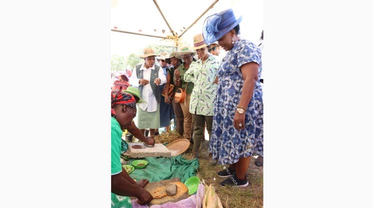 First Lady Dr Auxillia Mnangagwa and her counterpart Mrs Neo Jane Masisi who is in the country to learn from her life-changing initiatives, look at Agric4She beneficiaries grinding sorghum to make mealie meal and peanut butter during a visit at Mr and Mrs Chifokoyo’s homestead in Mashonaland East yesterday.  – Pictures: John Manzongo