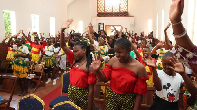 Girls attending the weeklong educative and interactive boot camp organised for them by First Lady Dr Auxillia Mnangagwa sing during a praise and worship session on Saturday evening.