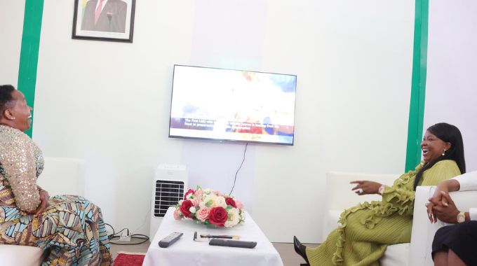 Kenyan First Lady Mrs Rachel Ruto and First Lady Dr Auxillia Mnangagwa share a lighter moment as they viewed a video showcasing Angel of Hope Foundation patron’s philanthropic works