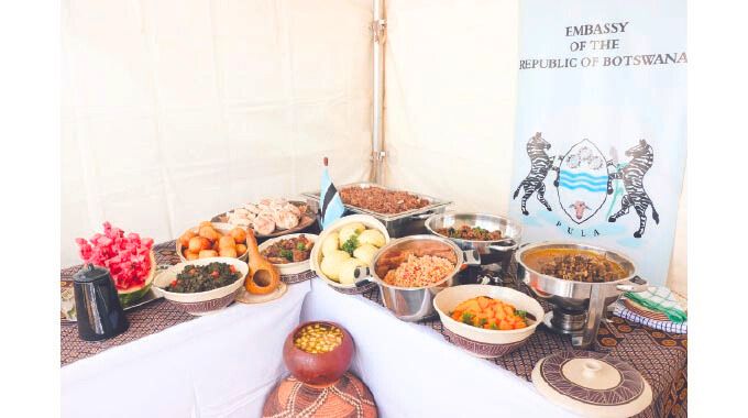 Traditional dishes prepared and exhibited at the Botswana stand during Amai’s traditional meal cookout competition in Nyanga on Africa Day