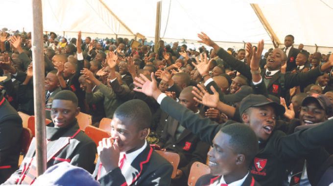 Learners sing during their interactive engagement on effects of drugs and substance abuse with Health Ambassador First Lady Dr Auxillia Mnangagwa in Harare yesterday