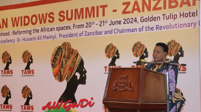 First Lady Dr Auxillia Mnangagwa addresses delegates during the African Widows Summit (TAWS) in Zanzibar yesterday