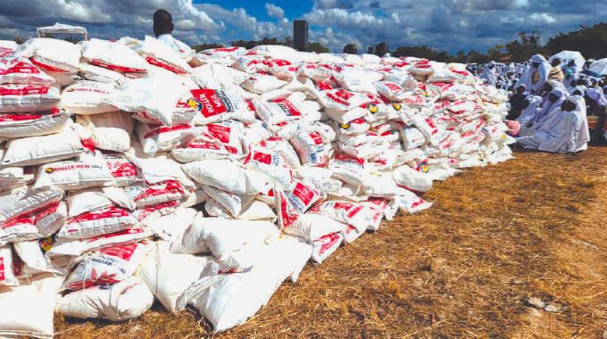 Part of the mealie meal which was donated by First Lady Dr Auxillia Mnangagwa to Vapositori veAfrica (Mwazha Apostolic Church) congregants in Chiweshe on Saturday