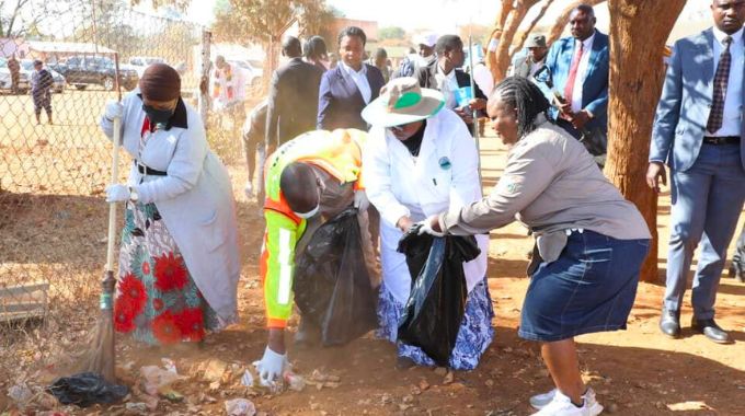 Environmental Ambassador First Lady Dr Auxillia Mnangagwa leads a national clean-up campaign in Sanyati. — Pictures: Innocent Makawa