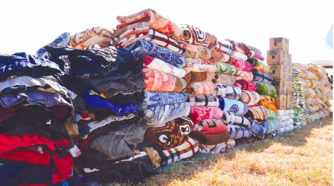 Part of the consignment of blankets, winter wear, food hampers, traditional grains and other goods, which were distributed by First Lady Dr Auxillia Mnangagwa to the elderly, child headed families, those living with disabilities and other vulnerable groups