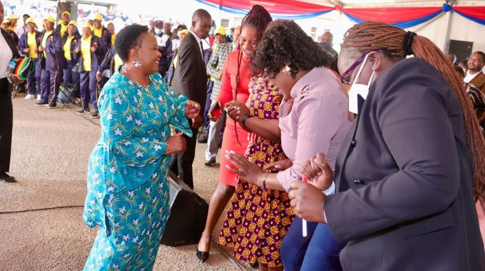 Health Ambassador First Lady Dr Auxillia Mnangagwa joins on the dance floor City of Harare workers, Zanu PF members, NetOne employees, librarians and employees from the Harare Magistrates Court during city council’s employee wellness funfair in Harare yesterday. — Pictures: John Manzongo