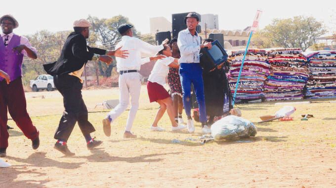 Iyasa drama and dance group performs a play on the challenges faced by widows which include losing their property and children to their late husband’s relatives and also the need to protect and educate them on their rights during an interactive session between First Lady Dr Auxillia Mnangagwa, the elderly, people living with disabilities and child-headed families from Bulawayo, Matabeleland North and South provinces on Tuesday