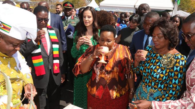 President Mnangagwa, First Lady Dr Auxillia Mnangagwa, Serbian First Lady Tamara Vucic and Angolan First Lady Anna Dias Lourenco and other delegates taste Zimbabwean traditional maheu during the UN Tourism Regional forum on gastronomy tourism for Africa in Victoria Falls yesterday