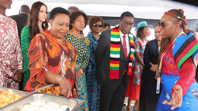 Tourism and Hospitality patron First Lady Dr Auxillia Mnangagwa receives an award for promoting gastronomy tourism from UN Tourism secretary general Mr Zurab Pololikashvili during the UN Tourism Regional forum on gastronomy tourism for Africa in Victoria Falls yesterday. – Picture: John Manzongo