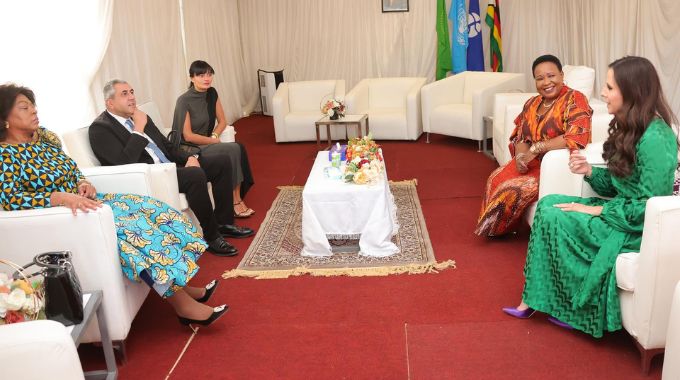 First Lady Dr Auxillia Mnangagwa with UN Tourism secretary general Mr Zurab Pololikashvili, his wife Tamara, Serbian First Lady Tamara Vucic and Angolan First Lady Anna Dias Lourenco during the UN Tourism Regional forum on gastronomy tourism for Africa in Victoria Falls yesterday