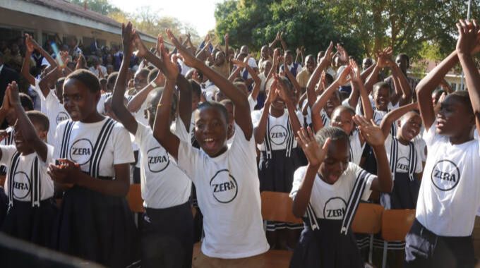 Baobab primary school pupils jubilantly welcome First Lady Dr Auxillia Mnangagwa, First Lady Serbian First Lady Tamara Vucic, Angolan First Lady Anna Dias Lourenco and representatives Rwandan, Equatorial Guinea, Tanzanian, Burundi and Namibian First Ladies at their school in Victoria Falls on Friday.