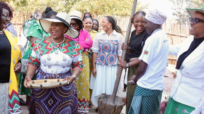 First Lady Dr Auxillia Mnangagwa and her visitors share a lighter moment during nhanga/gota/ixhiba programme in Victoria Falls