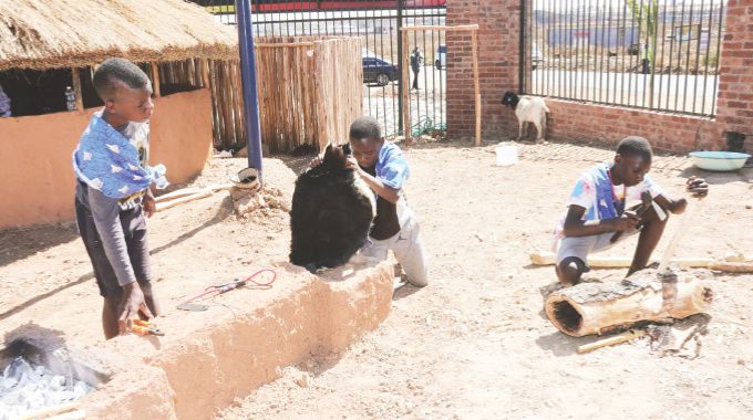 Boys use a traditional furnace (mvuto) to melt steel to produce traditional household utensils such as hoes, small axes (mbezo) and also carving cooking sticks and sticks for hoes during a gota programme organised by First Lady Dr Auxillia Mnangagwa at the Heritage Village in Harare on Sunday