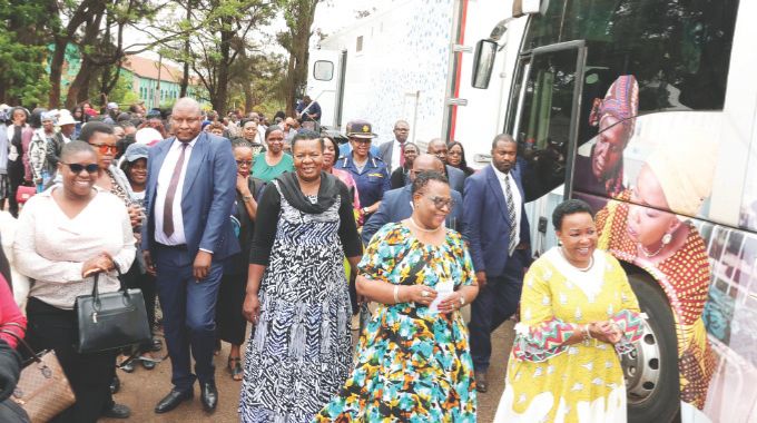 Health Ambassador First Lady Dr Auxillia Mnangagwa interacts with women working in various Government departments that were screened for breast and cervical cancer from her Angel of Hope Foundation ultra modern top notch mobile hospital and mobile clinic in Harare. – Pictures: John Manzongo