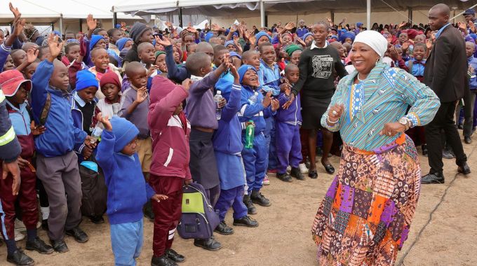 First Lady Dr Auxillia Mnangagwa joins learners on the dance floor during her interaction with them in Midlands. – Pictures: John Manzongo