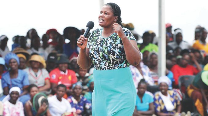 A women representative highlights the points and concerns which were raised during a combined session of the Afrikana Family Humanism programme organised by First Lady Dr Auxillia Mnangagwa in Mashonaland West yesterday