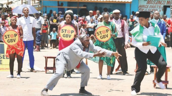 Iyasa drama and dance group perform a play on the effects of gender based violence at the workplace depicting how females are subjected to indecent treatment during job interviews at a campaign organised by First Lady Dr Auxillia Mnangagwa in Epworth yesterday.