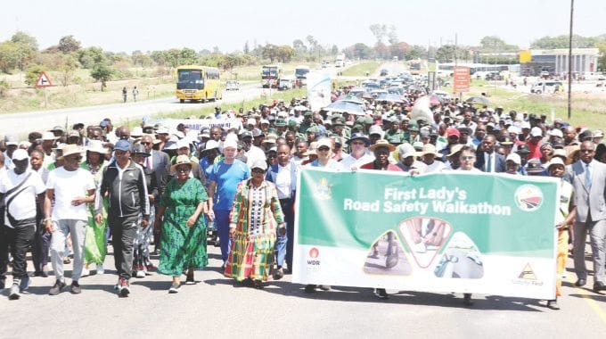 First Lady Dr Auxillia Mnangagwa and Ambassadors accredited to Zimbabwe march during the First Lady’s Road Safety walkathon along Mutare road ahead of the festive season to educate the motoring public on road safety