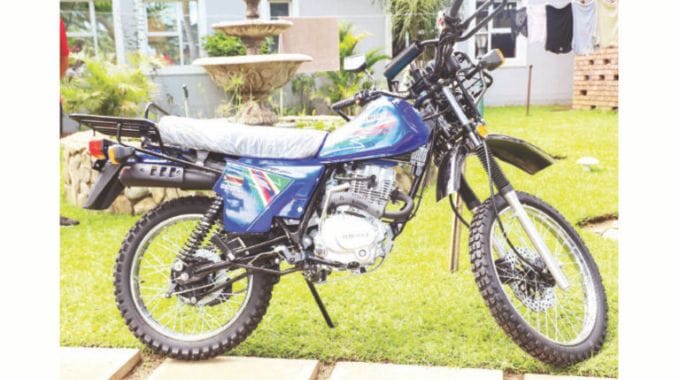 A fuel-efficient motorbike gifted by Gellos Motorcycles to Angel of Hope Foundation patron, First Lady Dr Auxillia Mnangagwa recently in Harare on display.