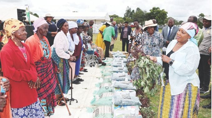 Agric4She patron First Lady Dr Auxillia Mnangagwa gave the elderly under Agric4Grandmothers sunflower seeds, fertiliser, sweet potato suckers, vegetable seeds, chemicals and knapsack sprayers in Mashonaland East yesterday. — Pictures: John Manzongo