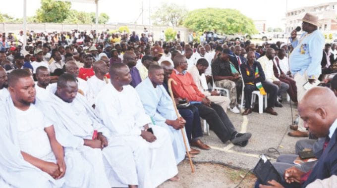 Chief Chikwaka (Mr Witness Bungu) leads a discussion with men during the launch of Afrikana family humanism programme by First Lady Dr Auxillia Mnangagwa in Harare yesterday