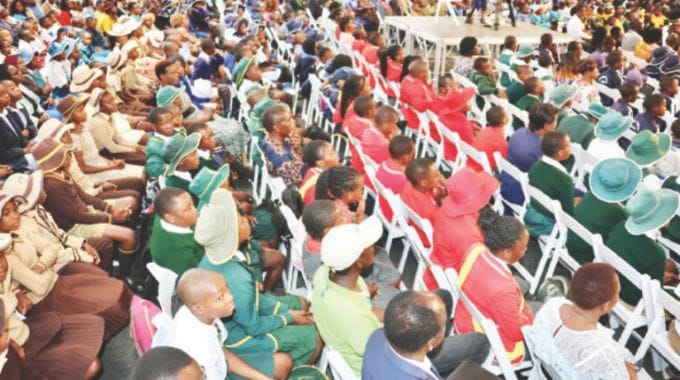 Part of the schoolchildren who attended the launch of Zviperengo cultural quiz programme by First Lady Dr Auxillia Mnangagwa follow proceedings in Harare yesterday