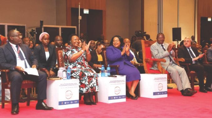 Tourism and Hospitality Industry patron First Lady Dr Auxillia Mnangagwa, Tanzania’s Vice President Dr Philip Isdor Mpango (second right), Tanzania’s Minister of Natural Resources and Tourism Dr Pindi Hazara Chana, UN Tourism Secretary-General Mr Zurab Polilikashvili and other delegates follow proceedings during the official opening of the 2nd UN Tourism Regional Forum on Gastronomy Tourism for Africa in Arusha, Tanzania, yesterday