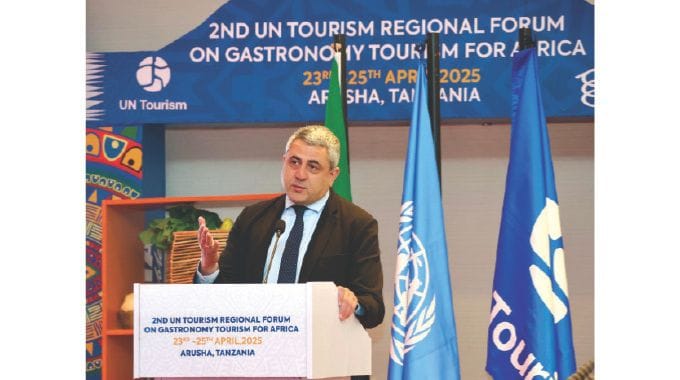 UN Tourism Secretary-General Mr Zurab Polilikashvili address delegates during the official opening of the 2nd UN Tourism Regional Forum on Gastronomy Tourism for Africa in Arusha, Tanzania yesterday