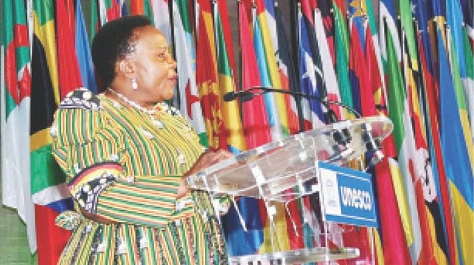 Cultural and Heritage patron First Lady Dr Auxillia Mnangagwa, who was invited as guest of honour by UNESCO, addresses delegates during the Africa week at UNESCO in Paris, France yesterday