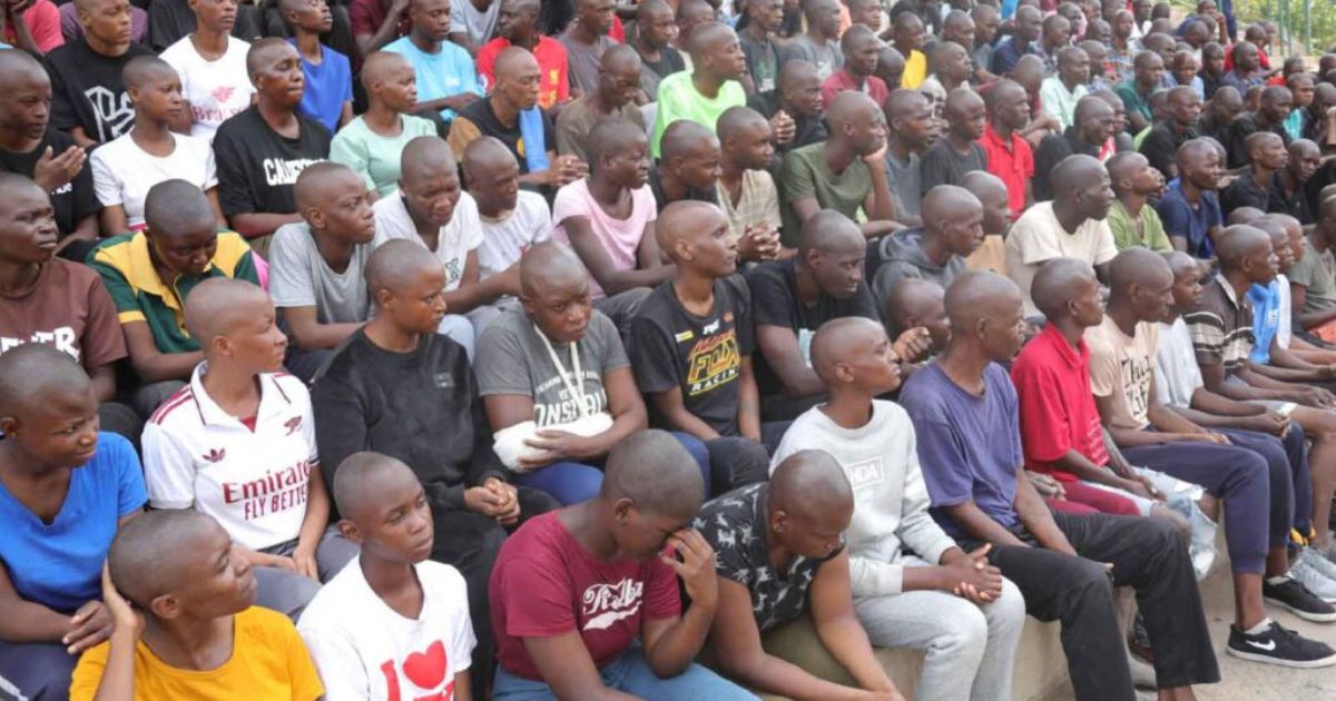 Some of the patients admitted at the Angel of Hope Drug Rehabilitation Centre follow proceedings at Stodart Hall in Mbare, Harare, 