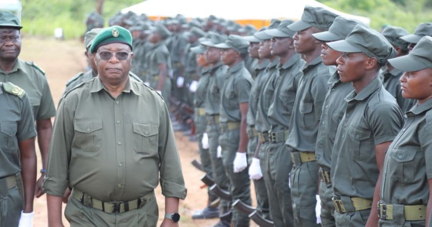 Zimbabwe Parks and Wildlife Management Authority board chairman, Dr Agrippa Sora, inspects the parade during the Wildlife Rangers’ pass-out ceremony in Chinhoyi yesterday