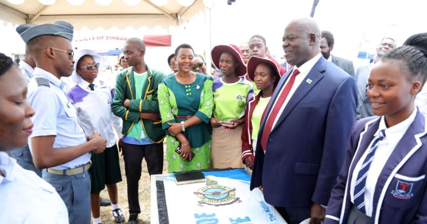 Primary and Secondary Education Minister Torerai Moyo and his Deputy Angeline Gata with learners visit Air Force of Zimbabwe stand during First Lady 2026 Careers Expo at SEAL Lifestyle Park  in Chishawasha Harare yesterday.