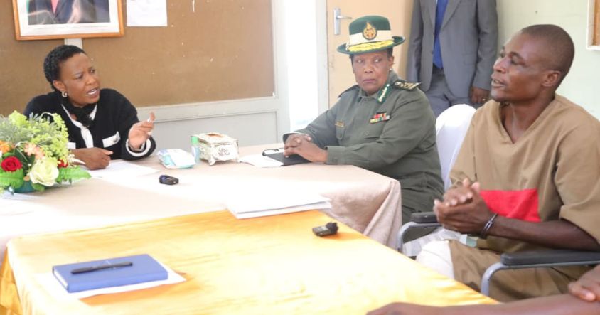First Lady Dr Auxillia Mnangagwa speaks to Guruve serial murder suspect Anymore Zvitsva during a visit at Chikurubi Maximum Prison in Harare