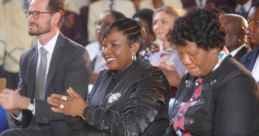 First Lady Dr Auxillia Mnangagwa flanked by French Ambassador to Zimbabwe Paul-Bertrand Barets (left) and Ministry of Foreign Affairs and International Trade Chief Director Rofina Chikava, jovially follow proceedings during the Primary Schools French Songs Contest at the French International School in Vainona, Harare