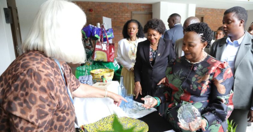 Environment Patron First Lady Dr Auxillia Mnangagwa views recycled waste products at the opening of the International Solid Waste Association conference in Harare yesterday.