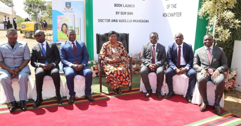 First Lady Dr Auxillia Mnangagwa poses for photo with Ministers and UZ Vice Chancellor Prof Paul Mapfumo during the launch of her “Angel of Hope: Sustainable, Philanthropic Interventions” book