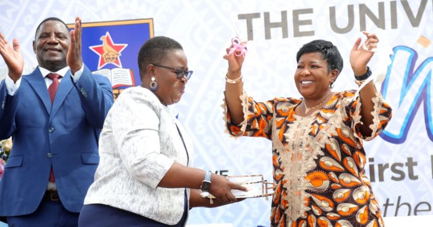 First Lady, Dr Auxillia Mnangagwa, is joined by University of Zimbabwe Executive Director for Research, Florence Mtambanengwe (centre), and Minister of State for Provincial Affairs and Devolution for Mashonaland Central, Christopher Magomo, as they celebrate the launch of her book “Angel of Hope: Sustainable, Philanthropic Interventions” at Baradzanwa Cultural Village in Mazowe