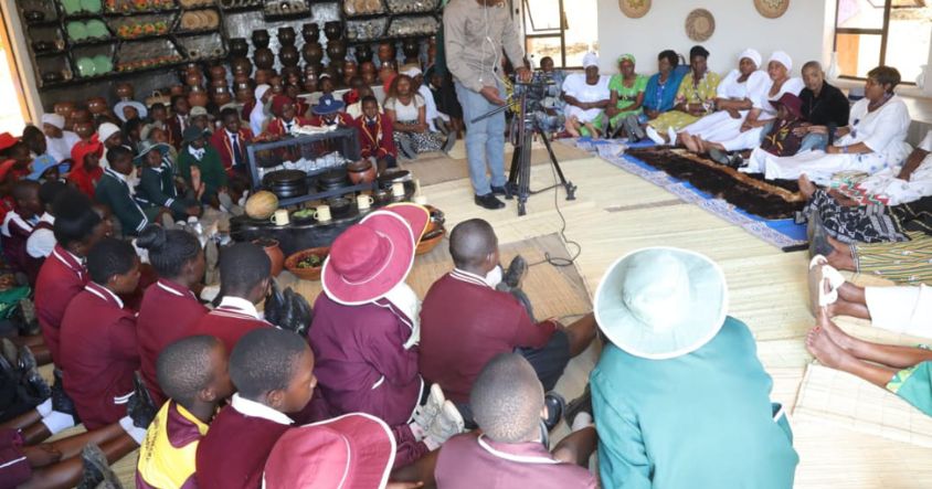 First Lady Dr Auxillia Mnangagwa and other elderly women share wisdom with girls during a nhanga session at Mother’s Day celebrations held at Baradzanwa Culture Centre in Mazowe