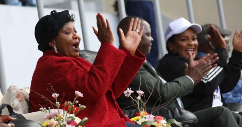 First Lady Dr Auxillia Mnangagwa, cheers after Scotland FC scores against CAPS United at National Sports Stadium in Harare