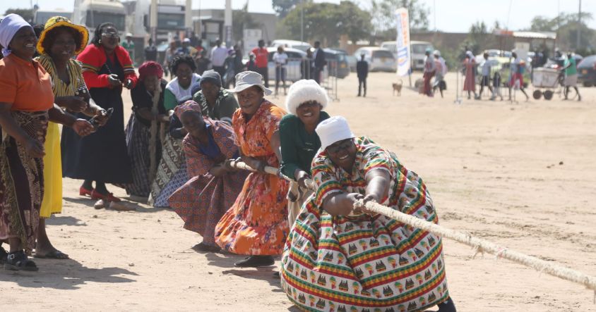 Elderly women take part in a tug of war at Mega Grounds in Stoneridge, Harare.